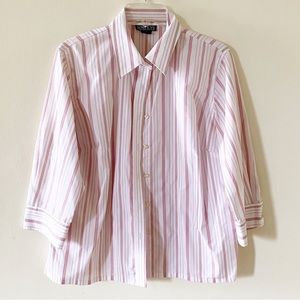 Vintage Land's End Women Size 14 Button Up White Green & Pink Blouse 3/4 Sleeve